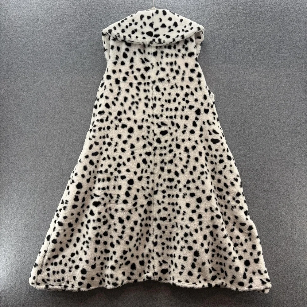 Disney Cruella Vest Womens L or XL White Dalmatian Faux Fur Hooded Long Costume